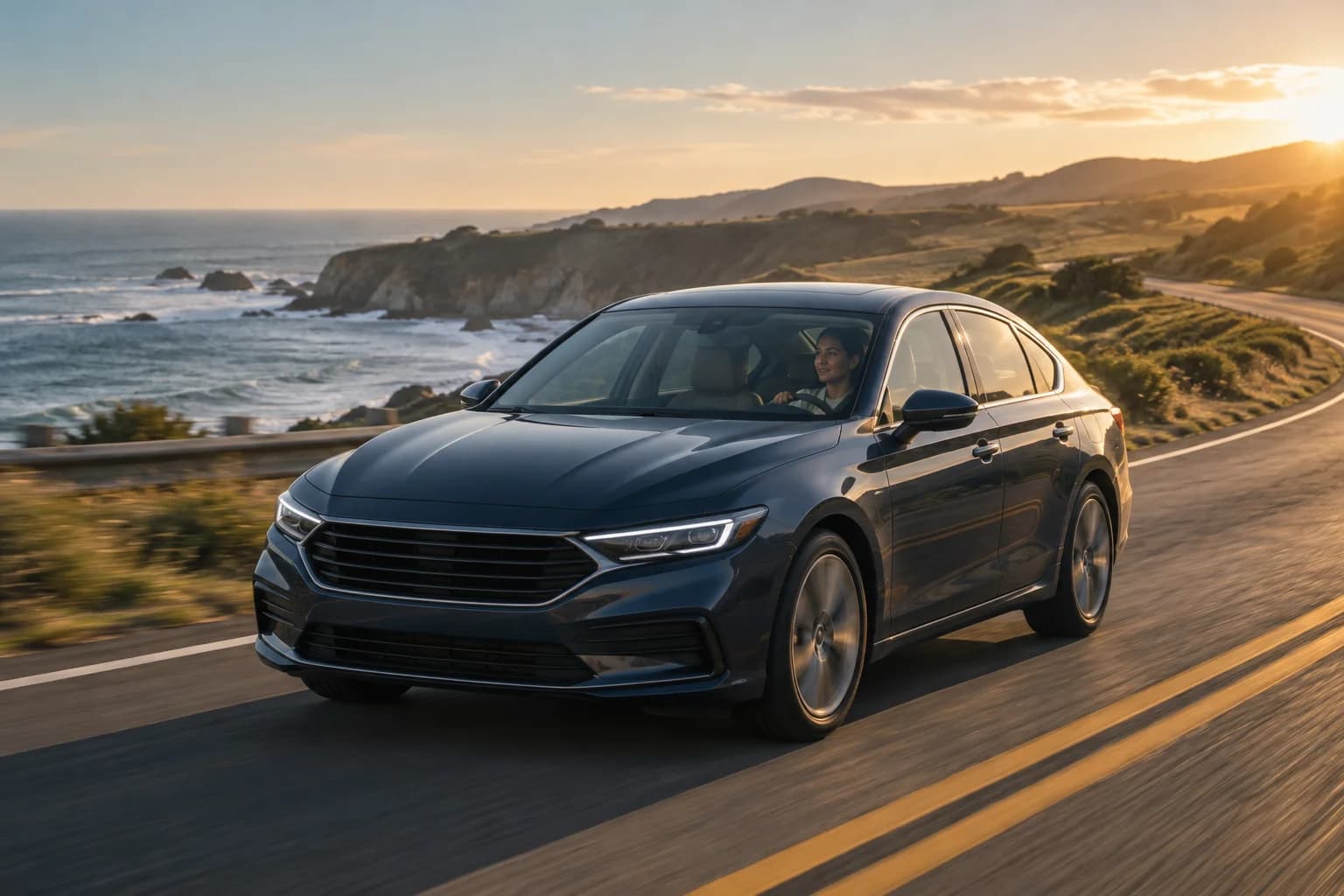 A driver traveling along a sunlit coastal road in a slate-blue sedan