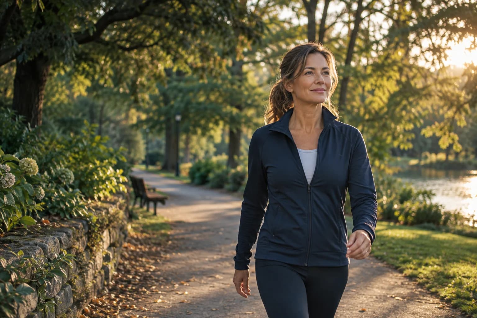 An adult woman enjoying a walk in a leafy neighborhood park