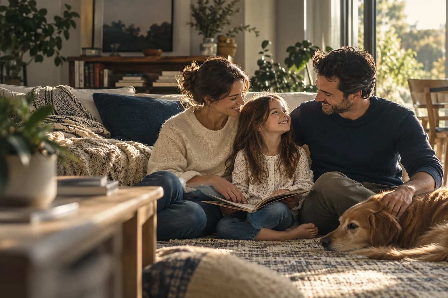 Parents and their daughter sharing a warm moment at home